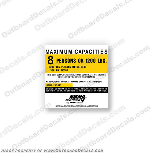 Wellcraft Marine 232 Fisherman CCF Capacity Decal - 8 Person  boat, logo, decal, capacity, plate, sticker, decal, regulation, coast, guard, warning, fuel, gas, diesel, safety, INCR10Aug2021