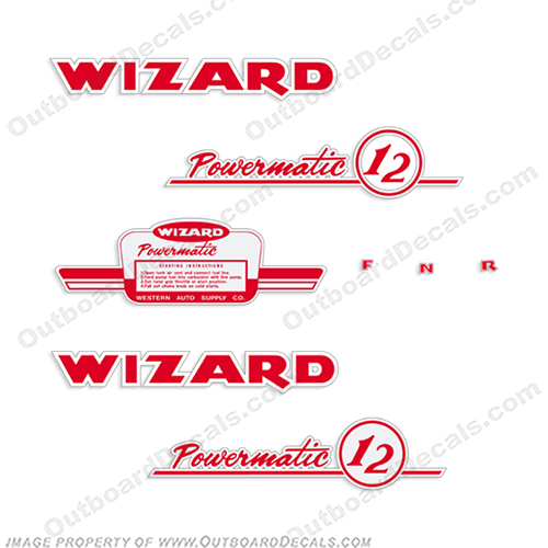 Wizard 12hp Powermatic Outboard Engine Decal Kit - 1955-1956  Wiz, wizard, power, matic, powermatic, 12, hp, 12hp, 12 hp, outboard motor, tiller, engine, decal, sticker, kit, set, INCR10Aug2021